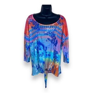 XL FRENCH BLUE BLOUSE COLORFUL RHINESTONE ACCENT STRETCH BLUE ORANGE